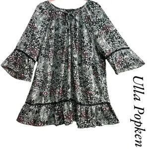 Ulla Popken Womens 3/4 Sleeve Black Paisley Boho Floral Tunic Size 24/26